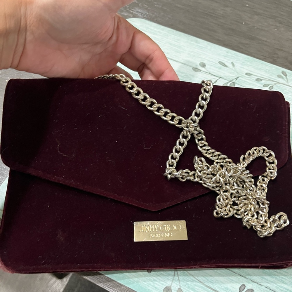 Jimmy Choo Dark Red Velvet Clutch with Silver Chain